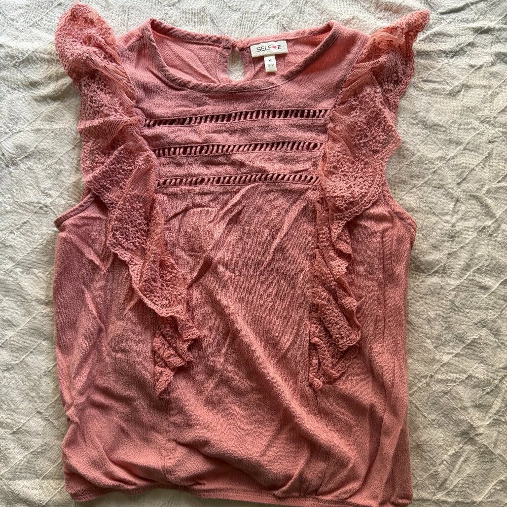 Self E Dusty Rose Lace Shoulder Ruffle Blouse - Mauve Pink - Size Medium